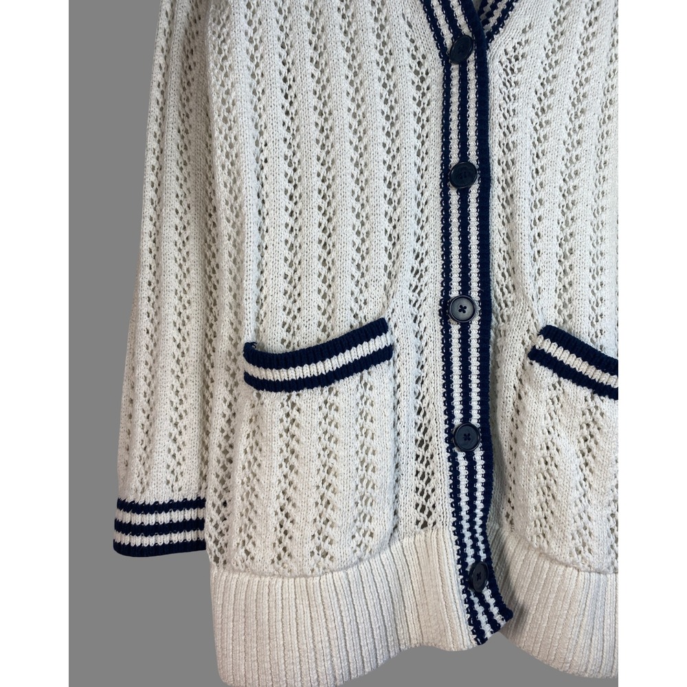 Lou & Grey Womens M White Pointelle Knit Varsity Cardigan Navy Striped V-Neck - Picture 5 of 8